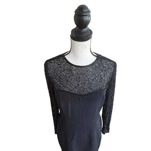 Oleg Cassini Black Tie Beaded Long Sleeve Cocktail Dress Black Size 4 Small - Picture 2 of 10